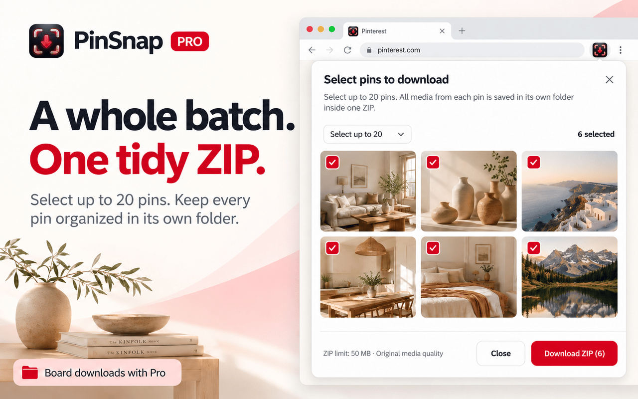 PinSnap board picker with selected Pins and a Download ZIP action