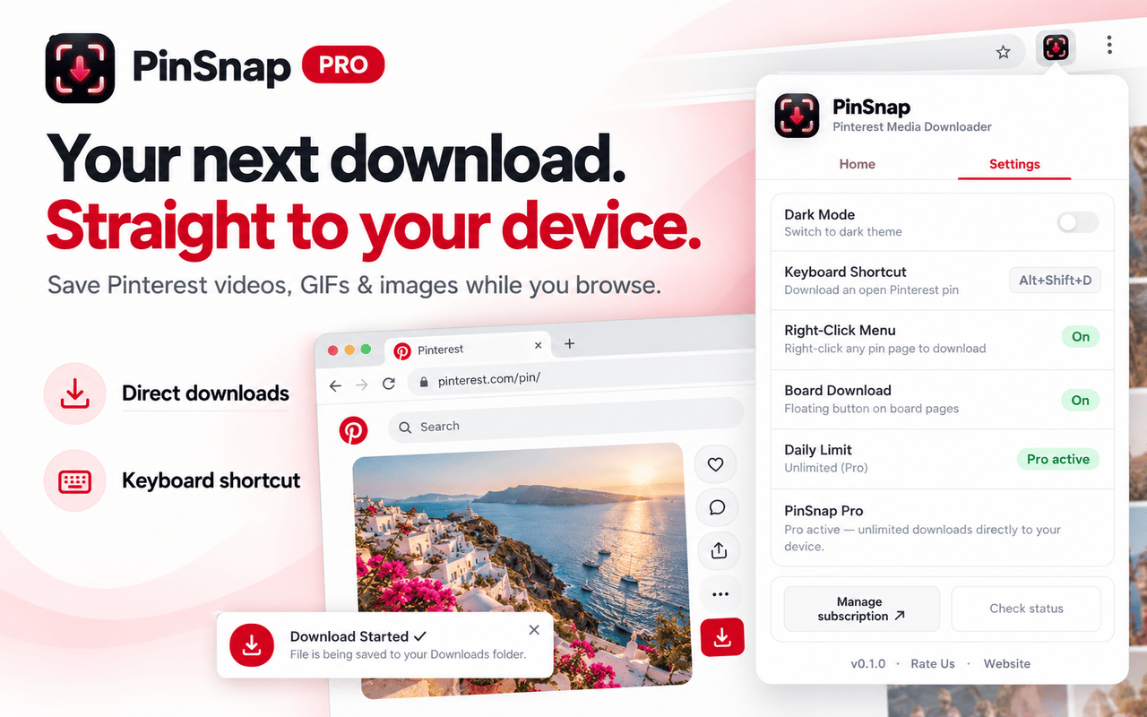 PinSnap direct download controls beside a Pinterest Pin