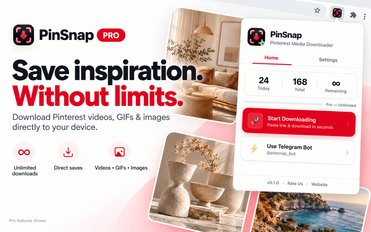 PinSnap Chrome extension popup with download controls and the Pro status indicator